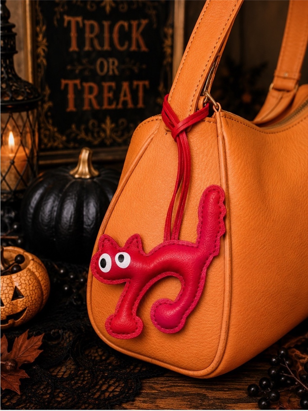 Red Cat Faux Leather Wristlet Bag Charm Keychain